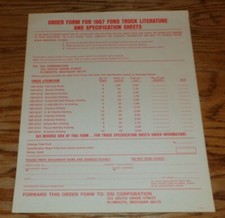 Original 1967 Ford Truck Literature & Specification Sheets Order Form 67
