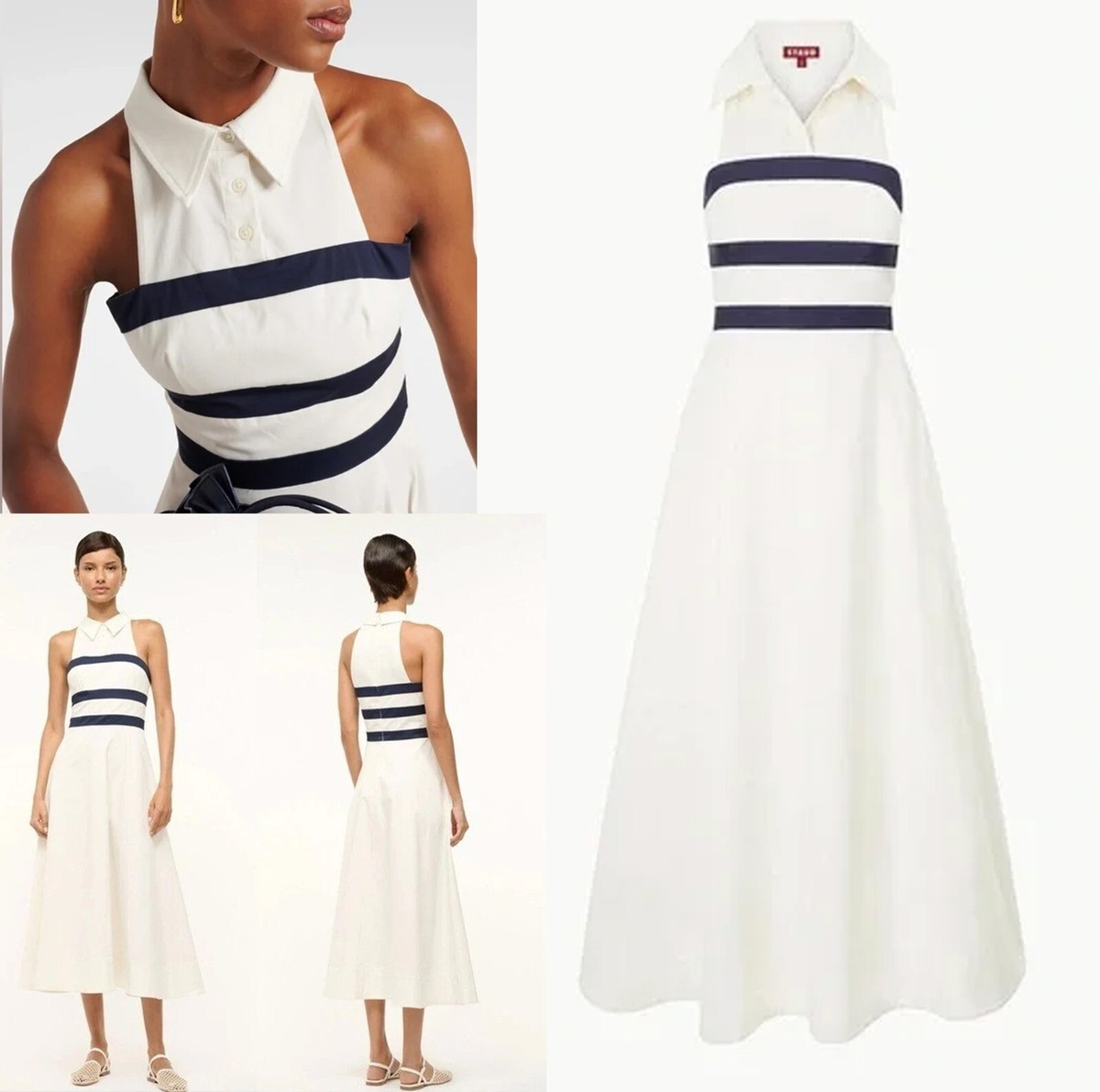 STAUD CAPTAIN IVORY OFF WHITE NAVY BLUE STRIPED HALTER MIDI DRESS SIZE 4  NWT | eBay