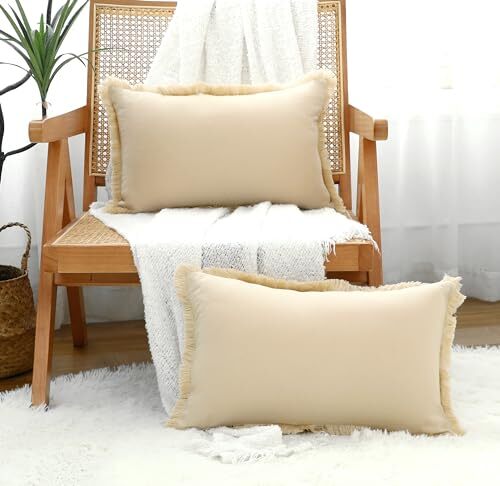 Juego de 2 fundas de almohada lumbar con flecos y borlas algodón 12 x 20 pulgadas beige - Imagen 7 de 7