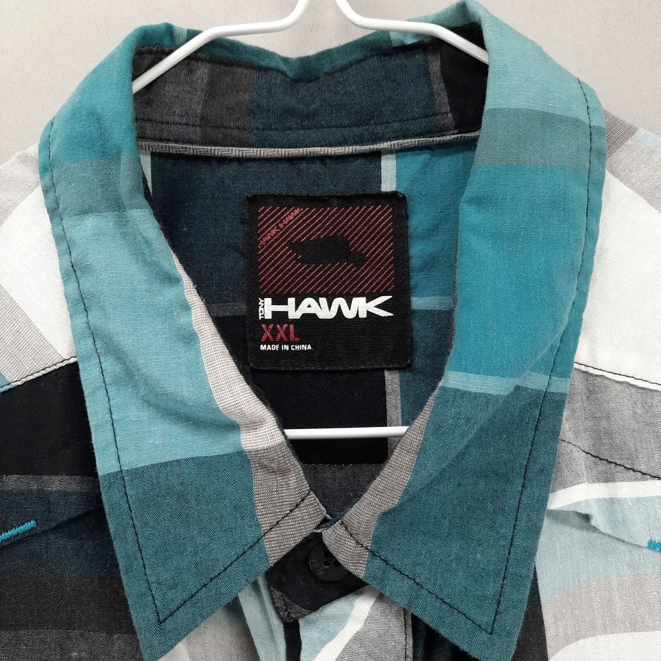 Tony Hawk Button Front Shirt Mens XXL Blue Black White Plaid Hidden Placket - Image 2 of 4