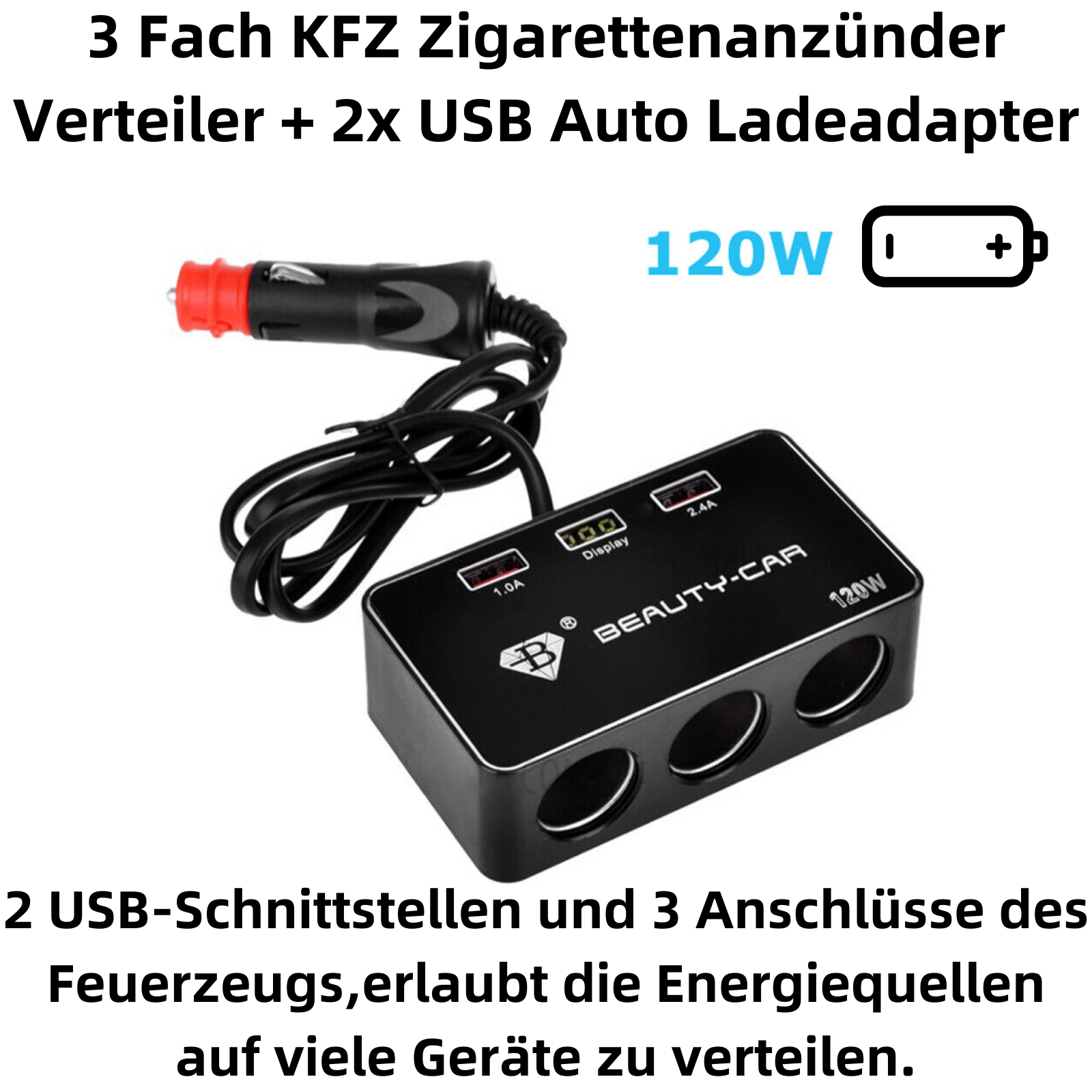 Zigarettenanzünder Verteiler, 3-fach, 120 W, Auto