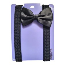 Claire's black texturize pattern Bow tie  suspenders set NWT