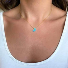Blue Opal Moon Necklace, made with solid High Quality 925 Sterling Silver