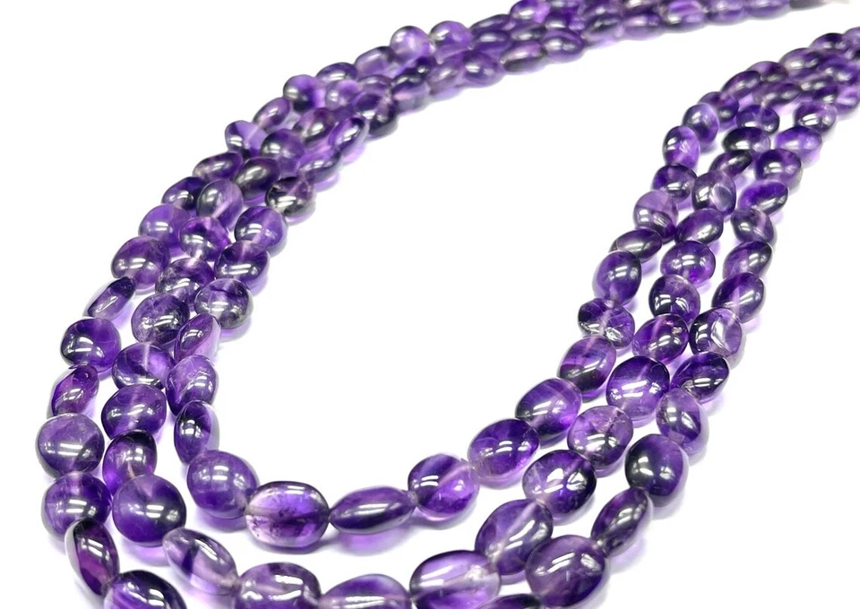 A+++ 自然紫水晶三层光滑椭圆形宝石珠项链 18 英寸 — 第 2/4 张图片