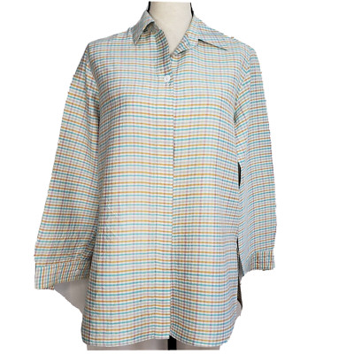 Neiman Marcus Medium Shirt L/S Tunic Top White Purple Silk Check Side Split