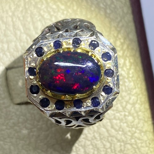 Natural Black Fire Opal Men’s Ring 925 Silver Handmade Sapphire Accent Jewelry - Picture 2 of 10