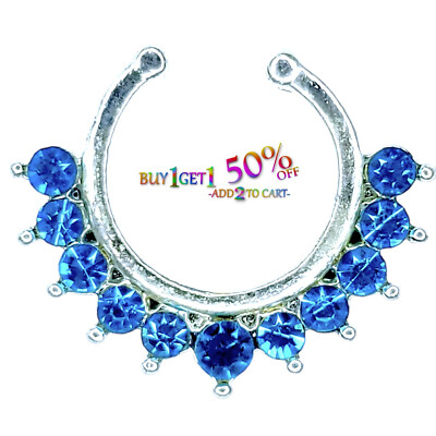 FAUX FAKE SEPTUM CLICKER CZ Clip-On Nose Ring Non-Piercing Hanger Hoop 9088 2