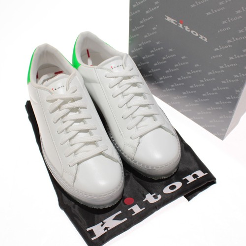 Kiton NWD Lace-Up Casual Sneakers Size 42 US 9 in White & Green Leather