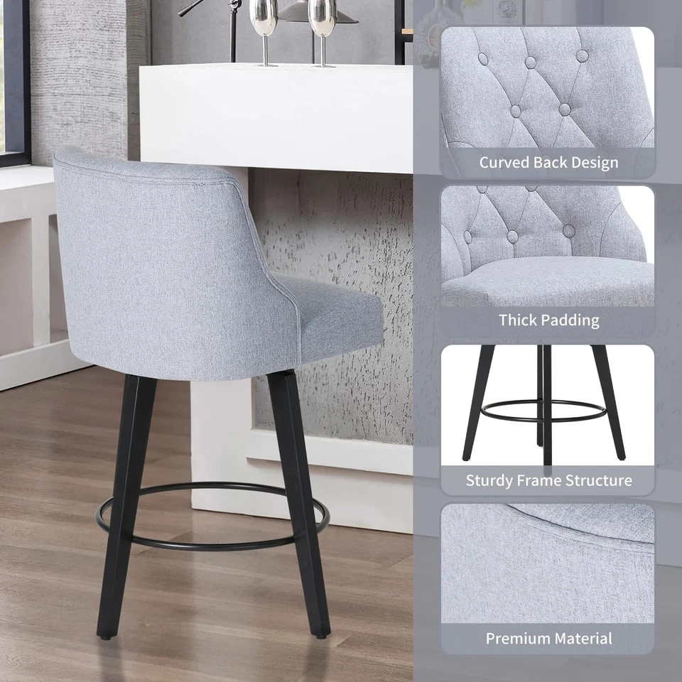 26" Bar Stools with Backs Set of 2 Fabric Swivel Bar Stools with Solid Wood Legs - Image 3 of 4