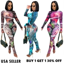 Women 2PCS Sexy Bodysuit Tight Fitting Jumpsuit Long Full Sleeve Slim Body