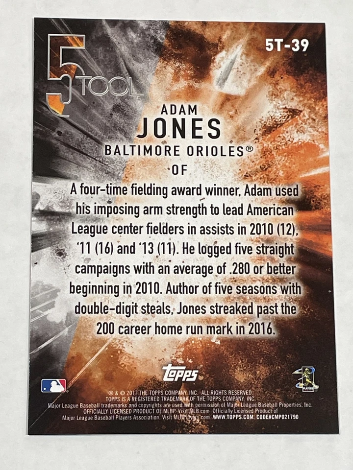 2017 Topps Baseball #5T-39 - Adam Jones - Baltimore Orioles - Image 2 of 2