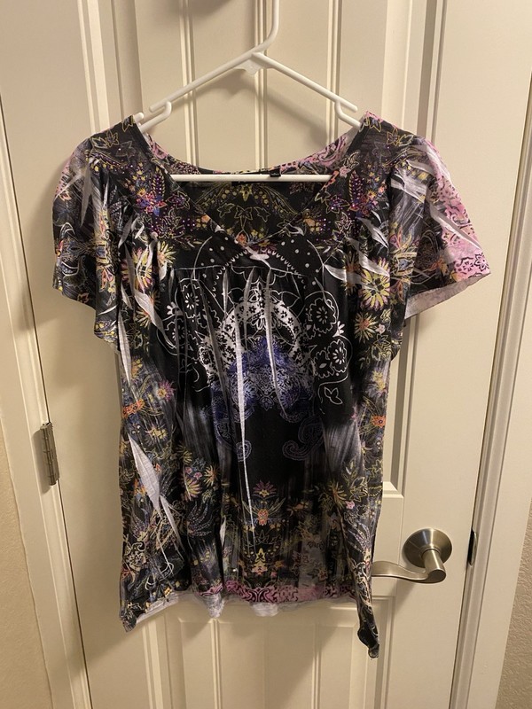 Apt 9 L Top Sublimation Blouse Colorful Floral Large Shirt Bling Lg