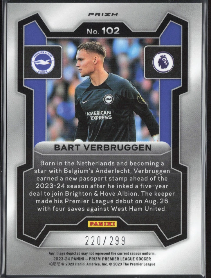 Bart Verbruggen RC Rookie 2023-24 Prizm Premier League Blue #102 /299 Brighton - Image 2 of 2