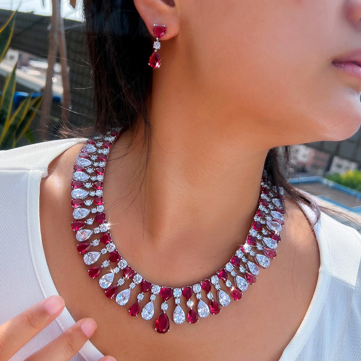 Red Water Drop CZ Wide Tennis Necklace Earrings Silver Plated Bridal Jewelry Set