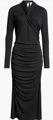 $1,790 CAROLINA HERRERA XL Twist  Front Ruched Long Sleeve Jersey Dress Black