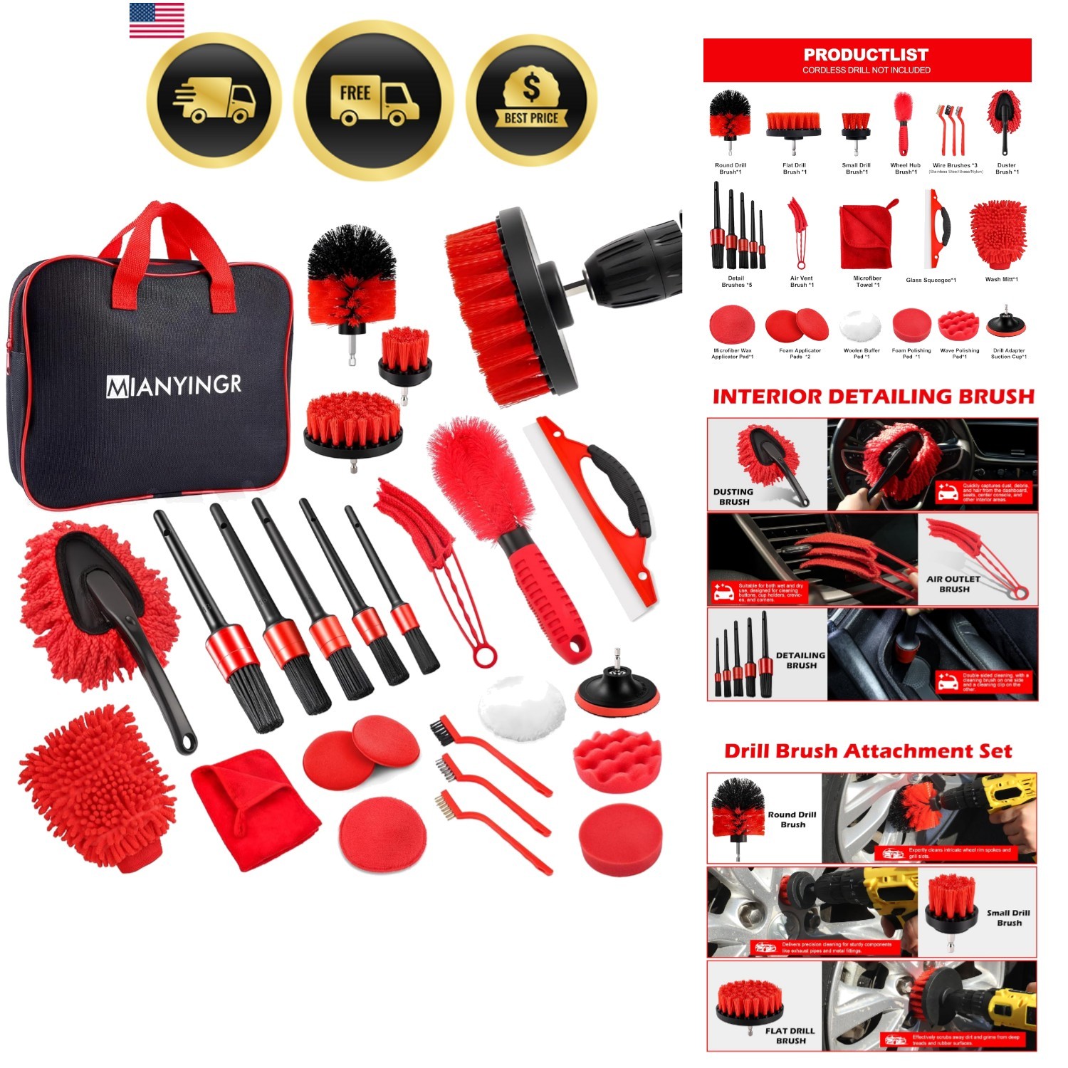 Car Detailing Kit 25PCS Auto Cleaning Accessories Drill Brushes Polishing Pads-image