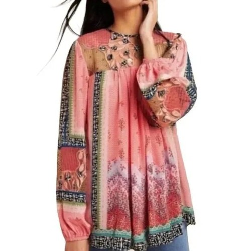Blusa Anthropologie Bhanuni Jyoti Rosario Bordada Manga Larga Rosa M $168