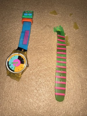 Vintage 1989 Swatch LK115 Hot Racer Neon Jelly Watch Running Parts