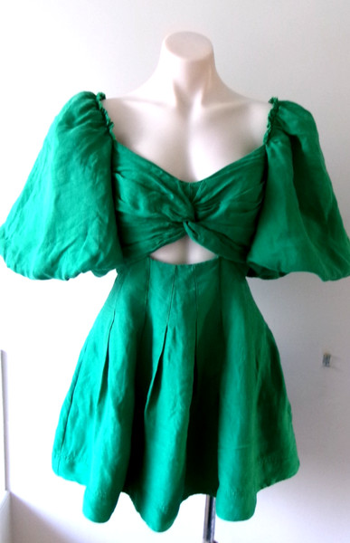 Aje  CUT OUT GREEN DRESS Size AU 10  Puff Sleeves. EX COND