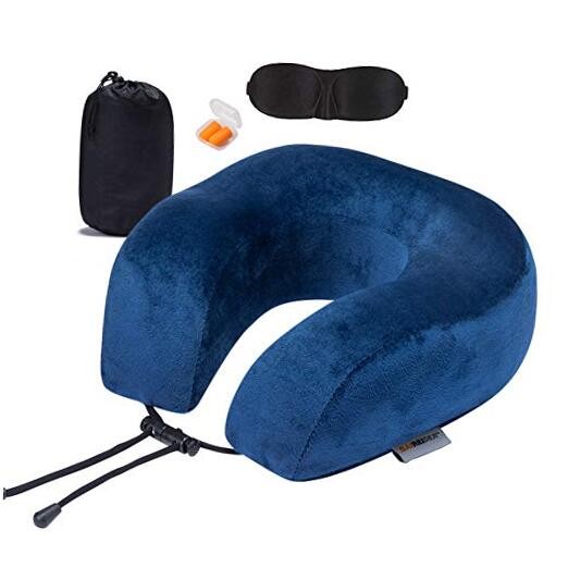 Memory Foam Travel Pillow for Airplanes in Navy Blue Stops Head Bobbing-image