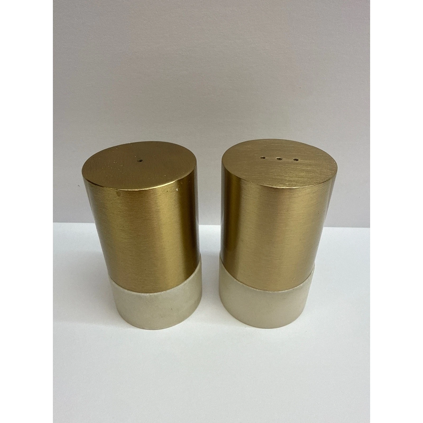 Modern Brushed Gold and White Marble Salt and Pepper Shaker Set Two Tone