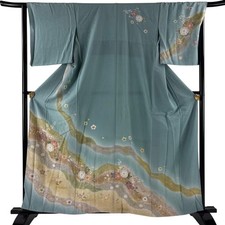 Japanese Silk Houmongi Kimono M 160cm Grayish green Grass and flowers 5024197