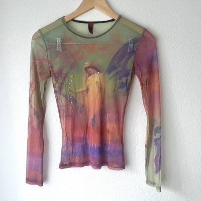 Just In Time Vintage Y2K Mesh Top Graphic Ethereal Print Small/XS Fairy Grunge