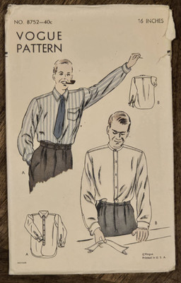 RARE VOGUE PATTERN 8752 Men's SHIRT;  Neck Sz 16 [ca. 1949].  Unused.