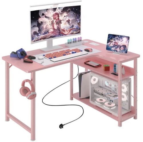 L Shaped Gaming Desk with Power Outlets Corner Computer Desk 110x80CM-pink 🚚💨 - Picture 2 of 8