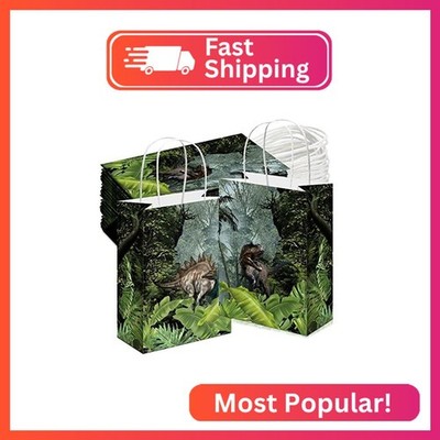 Sinmoe 24 Pcs Dinosaur Party Favor Bags with Handles Green Dino Candy Treat Good