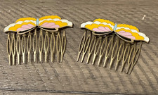 Vintage Pair Cloisonn  Hair Combs YELLOW  PINK Goldtone Enamel Butterfly EUC