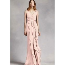 White by Vera Wang | Ruffled Surplice Bodice Dress 6 Pink Chiffon Maxi Gown