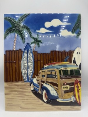  U-n-Me  Woody Car On Beach Surfboards 11 x 14  Hand Painted Ceramic Art Tile