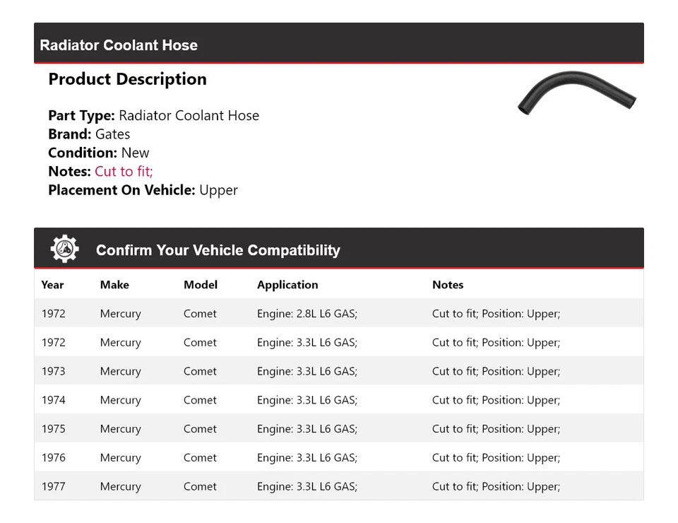 Manguera de refrigerante de radiador Mercury Comet 1972-1977 puertas superiores 1973 1974 1975 Foto 2 de 4