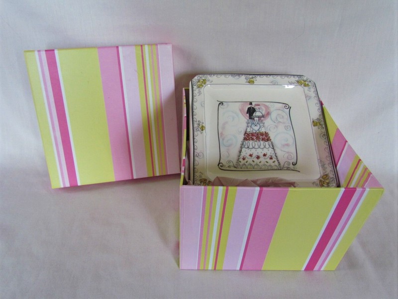Set of 6 Wedding Cake Plates Hand Painted Bride Groom Made in Italy Square 6.5”