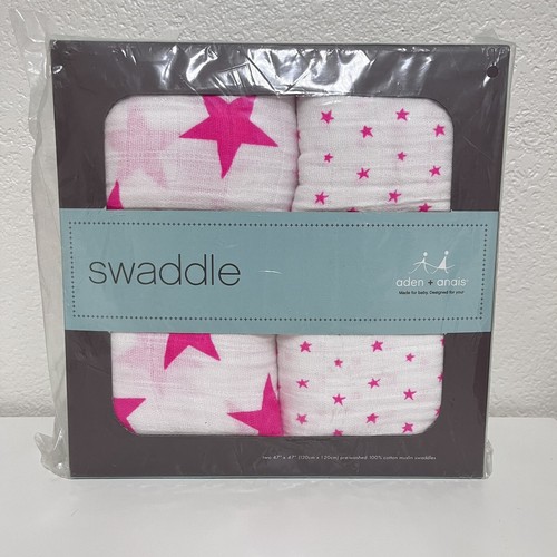 Aden + Anais Swaddle 2-Pk Blanket Set Fluorescent Hot Pink Stars Muslin NEW