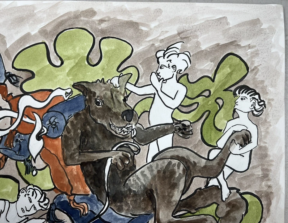 Pintura de acuarela surrealista de lobo relajante en almohadas sin terminar medios mixtos Foto 3 de 4