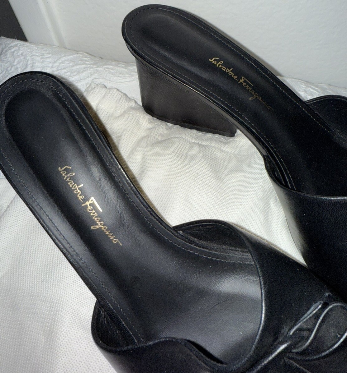 Salvatore Ferragamo Black Valery Leather Bow Mules Sandals