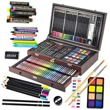 145 Piece Deluxe Art Set, Wooden Box  Drawing Kit with Crayons, multi-color