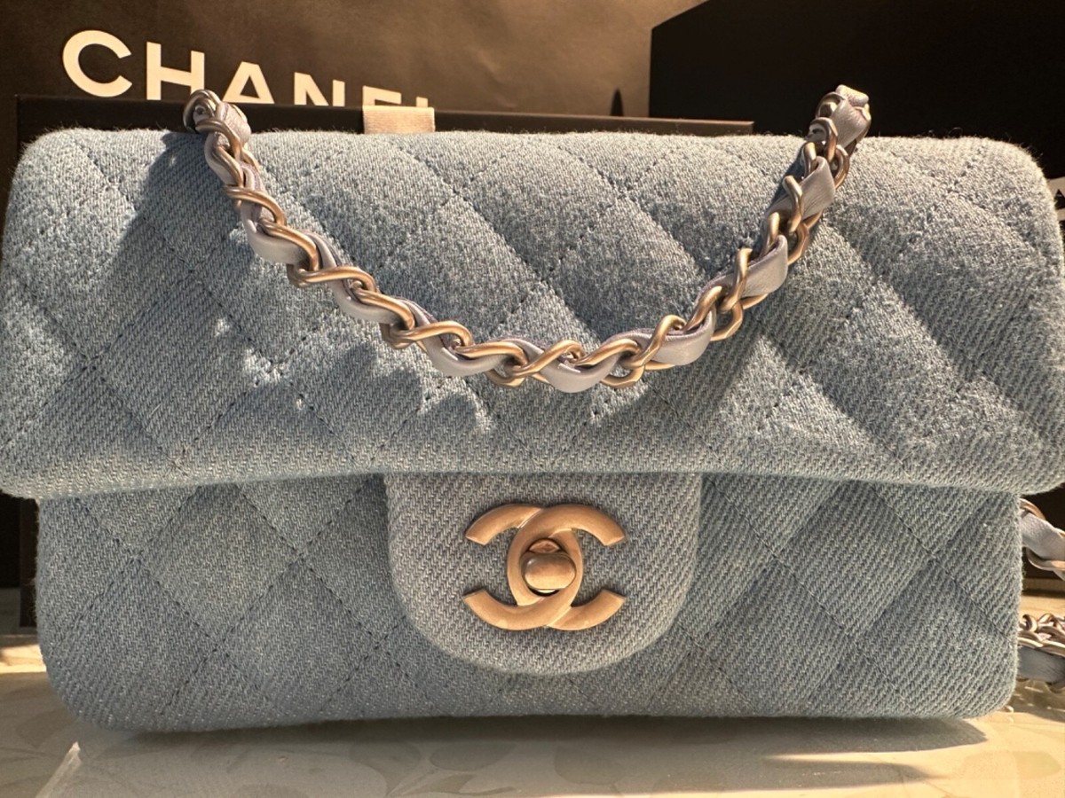 New 25C CHANEL Mini Light Blue Denim Rectangular Silver Leather