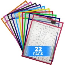 22 Pack Clear Reusable Dry Erase Pockets 10x13 - Multi-Color Teacher Supplies