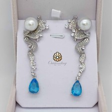 Genuine Huge Natural 14mm White Sea Pearl Earrings Drop PT950 Platinum Diamonds