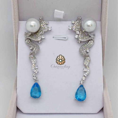 Genuine Huge Natural 14mm White Sea Pearl Earrings Drop PT950 Platinum Diamonds - Picture 1 of 24