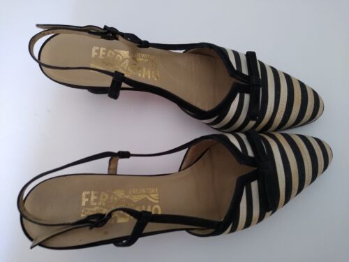 Vintage Ferragamo Black & White Striped Women's Fabric Slingbacks in 7AAA - Picture 2 of 5