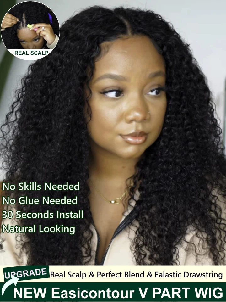 UNice Brazilian Curly V Part Human Hair Wig with Drawstring Glueless Wear Go Wig - Image 3 of 4