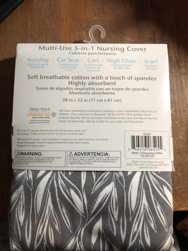 Trend Lab Multiuso 5 en 1 Bufanda Cubierta de Enfermería Bebé Gris/Blanco 28x32" NUEVO Foto 2 de 2