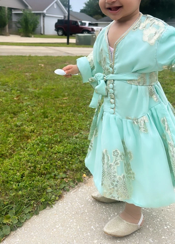 Vestido caftán marroquí hecho a mano para niños talla 6-12M verde menta elegante Foto 2 de 4