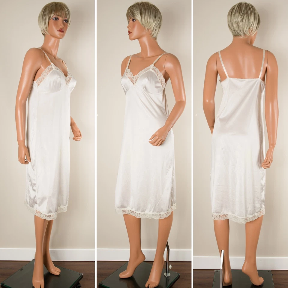 💖 Vestido sin tirantes completo vintage para mujer marfil sedoso nailon ribete de encaje ajustable 34/26" Foto 2 de 4