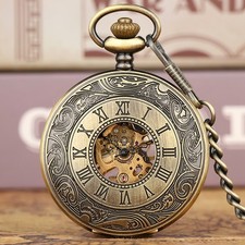 Bronze Steampunk Skeleton Pocket Watch Manual Wind Mechanical with 14.8in Chain