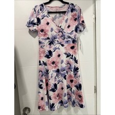 Just Be Faux Wrap Dress Womens Small Pink Floral New Short Sleeve V-Neck Stretch